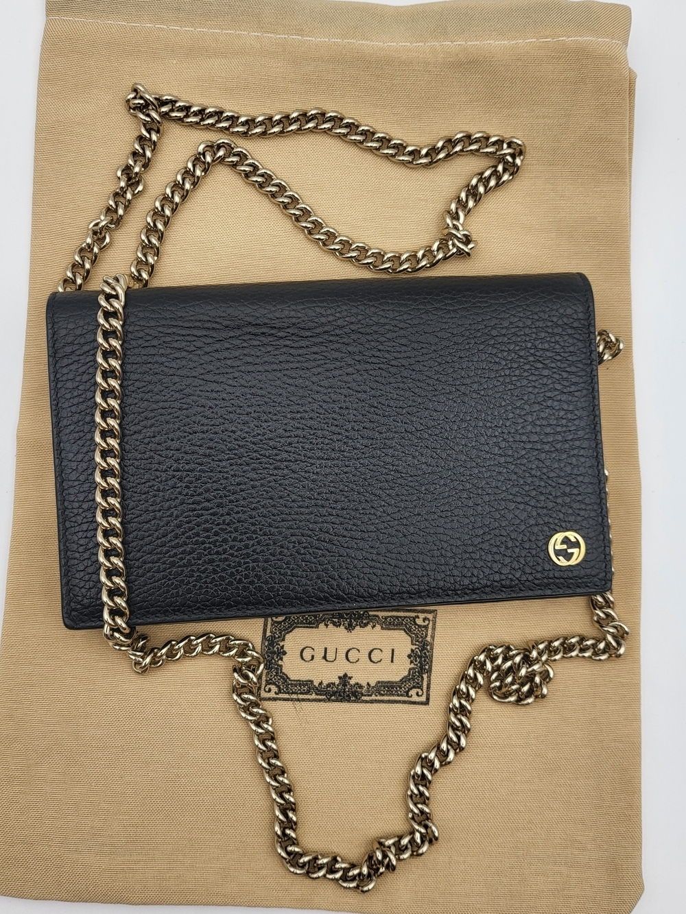 Gucci Betty Wallet On Chain Pebbled Calfskin Leather, Authentic w/COA.